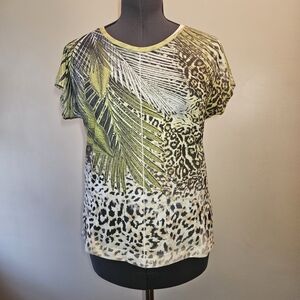 Christopher & Banks Short Sleeve Leaf and Leopard Print Tee in Yellow-Green